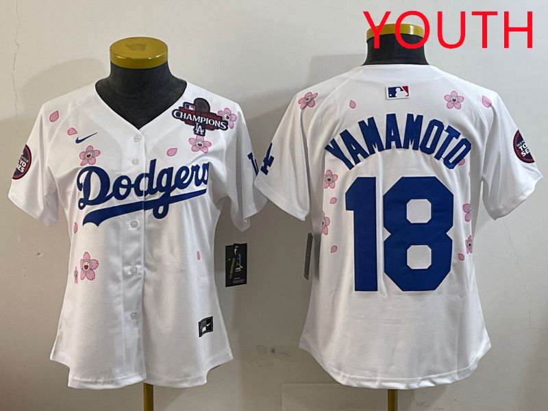 Youth Los Angeles Dodgers #18 Yamamoto White Sakura Edition 2025 Nike MLB Jersey style 3